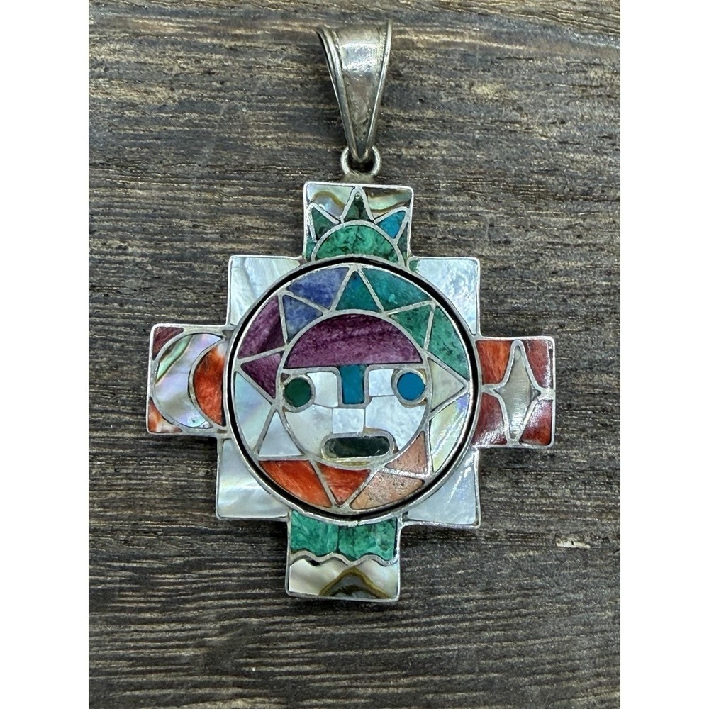 Peruvian Chakana 950 Sterling Silver Inlaid Cross Pendant - Spinner - 15 Grams